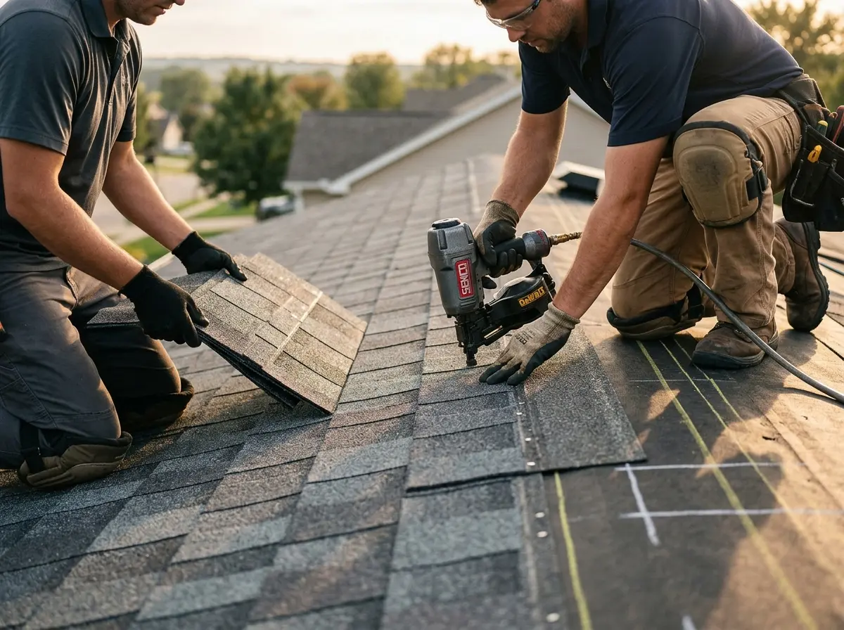 Professional roofer working on a residential roof in Annville